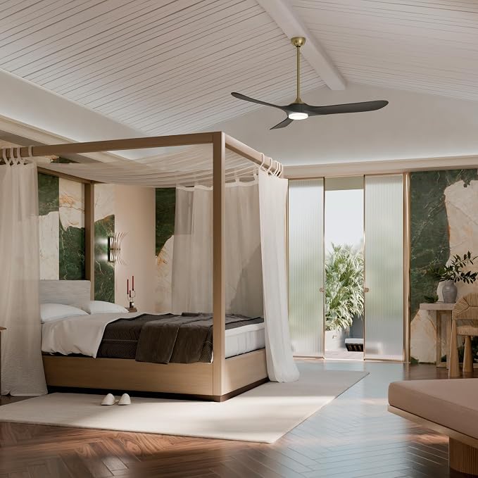 KICHLER Mylo 70 in Modern Ceiling Fan with Light and Remote Control, 6-Speed Damp Rated Fan with Satin Etched Cased Opal Glass and Jet Black Wood Blades in Champagne Bronze, 310570CPZ