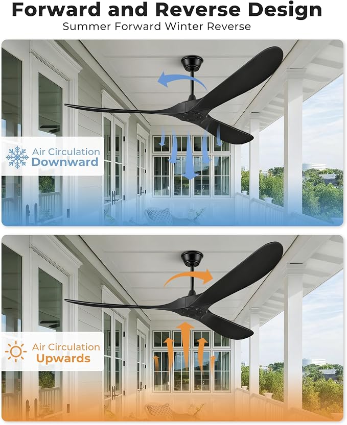 72" Outdoor Ceiling Fans for Patios, Matte Black Ceiling Fans Without Lights, 3 Blades Wood Ceiling Fan with No Light by Remote Control for Indoor Outdoor Patio Porch Living Room
