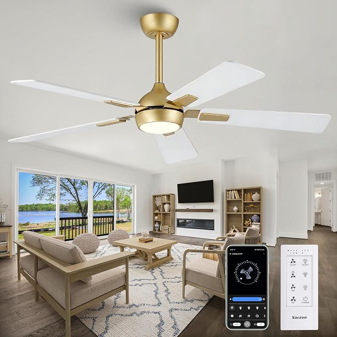 52" White Gold Ceiling Fan with Light and Remote, DC Motor Ceiling Fan with LED Light, 6-Speed Reversible, Dimmable 3CCT, Modern Ceiling Fan for Bedroom Living Room