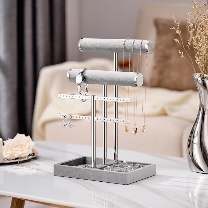Jewelry Organizer Stand for Necklaces, Bracelets, Earrings, Rings, Grey | 3 Tier Velvet Bracelet Holder Display | Jewelry Organizers and Storage | Jewelry Tree | Jewelry Towers