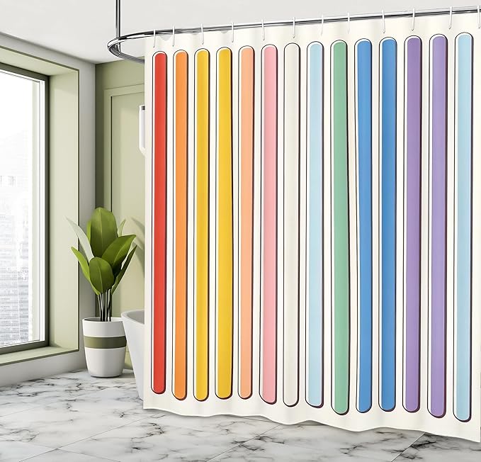 Ambesonne Colorful Shower Curtain, Modern Minimalist Design of Rainbow Stripes on Plain Backdrop Happy Aura, Cloth Fabric Bathroom Decor Set with Hooks, 69" W x 84" L, White and Multicolor