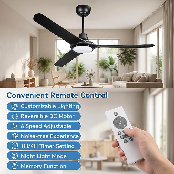 56" Ceiling Fans with Lights,Low Profile Ceiling Fan with Lights and Remote Control,Smart Ceiling Fan,Noiseless Reversible DC Motor,3 Blade Black Ceiling Fans,Ceiling Fan for Indoor/Outdoor
