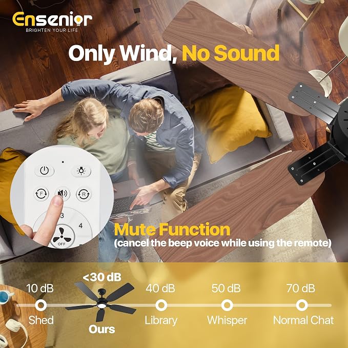 Ensenior 52 inch ceiling fan with light and remote, Noiseless Reversible DC Motor Fandelier Ceiling Fan, 6 Speeds, 3CCT, Black Modern Ceiling Fan for Bedroom and Living Room, 5 Dual-Finish Blades