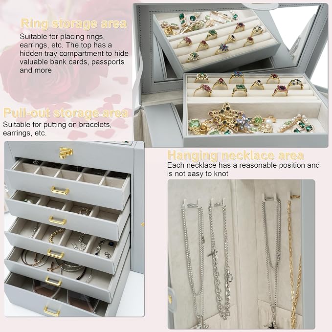 AKOZLIN 6-Tier Jewelry Box Organizer Functional 5 Drawers Leather Jewelry Storage Case for Women Girls Ring Necklace Earring Bracelet Holder Organizer with Mirror Extra Large Grey