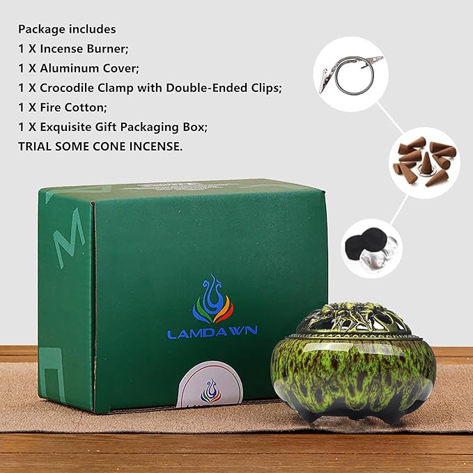 Incense Burner with Calabash Incense Stick Holder - Porcelain Charcoal Censer for Use with Resin Granular Powder Cone or Coil Incense (Kiln-Colored Green)