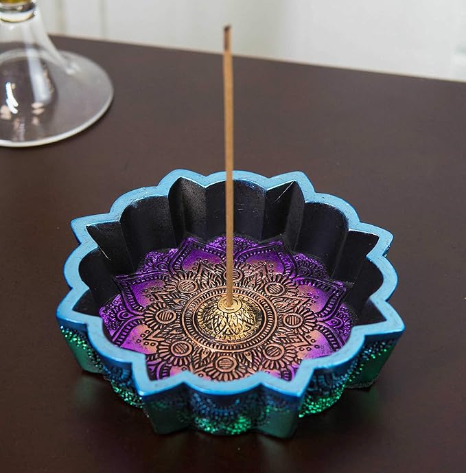 Ebros Gift New Age Colorful Iridescent Chakra Rainbow Buddhist Mandala 8 Spokes Wheel Flower Incense Stick Holder Burner Figurine Yoga Meditation Home Fragrance Accent