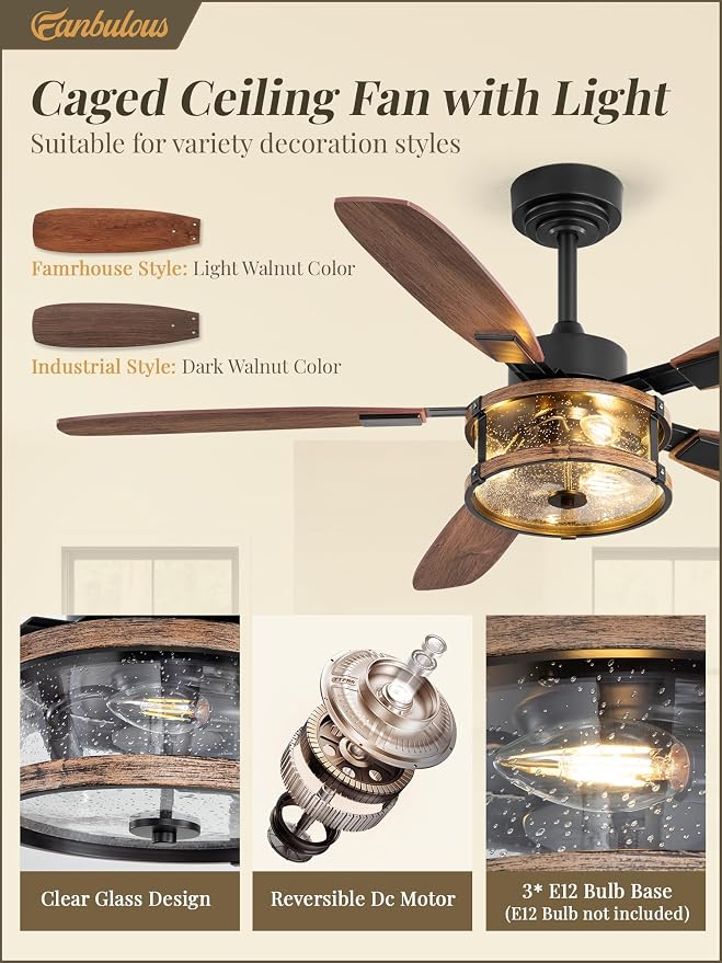 Fanbulous Farmhouse Ceiling Fan with Light and Remote, 52" Black Rustic Flush Mount Ceiling Fans for Bedroom Living Room, Industrial Caged Ceiling Fan for 6 Speed Reversible Motor, 5 Dual Blades