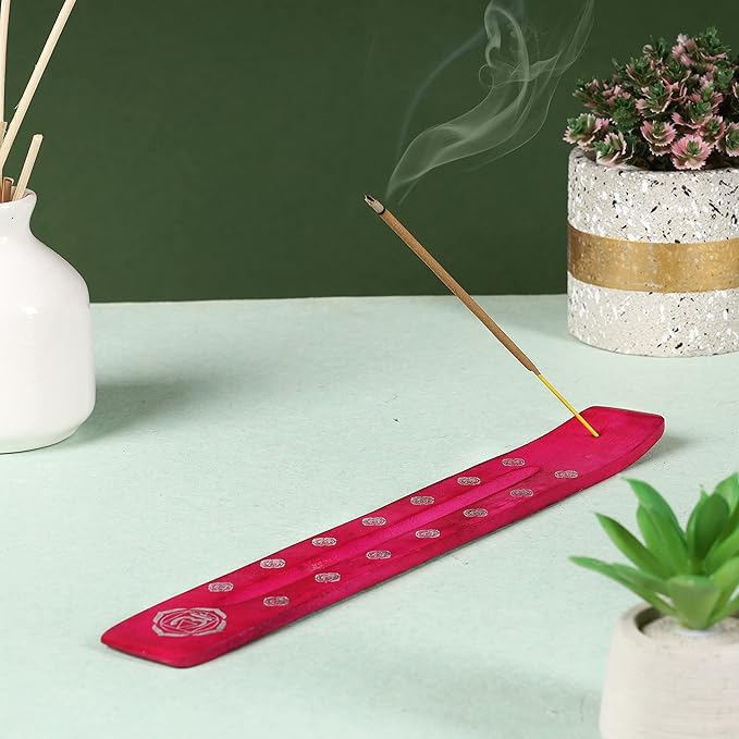 Bless-International Traditional-Handmade-Burner Wooden-Incense-Stick-Holder Ash-Catcher-Stand for-Aromatherapy-Meditation-Yoga (Heart Pink) 10 Inches, Pack of 1
