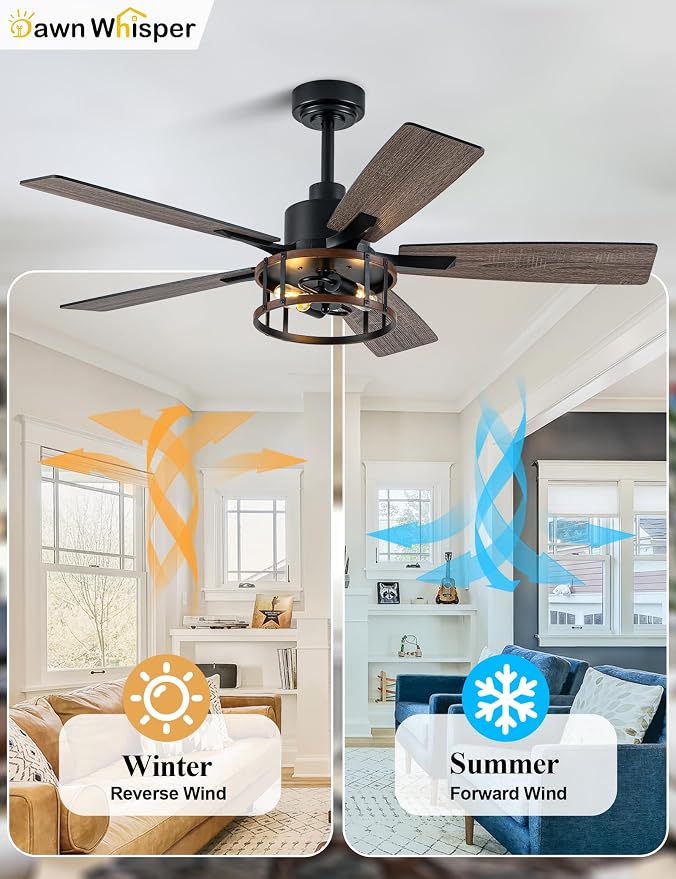 Dawn Whisper Farmhouse Ceiling Fans with Lights 52 Inch Black Caged Rustic Ceiling Fan for Bedroom Living Room and Patio Reversible Quiet DC Motor 6 Speeds