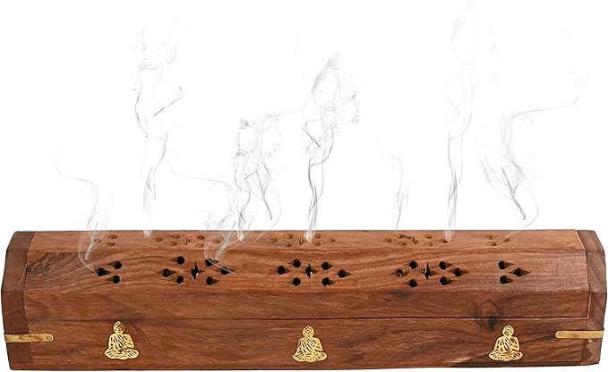 Incense Garden Pack of 2 Incense Stick Holder - Coffin Style - Wood Incense Stick Burner with Buddha Inlays (Natural) Handmade with Brass Inlays