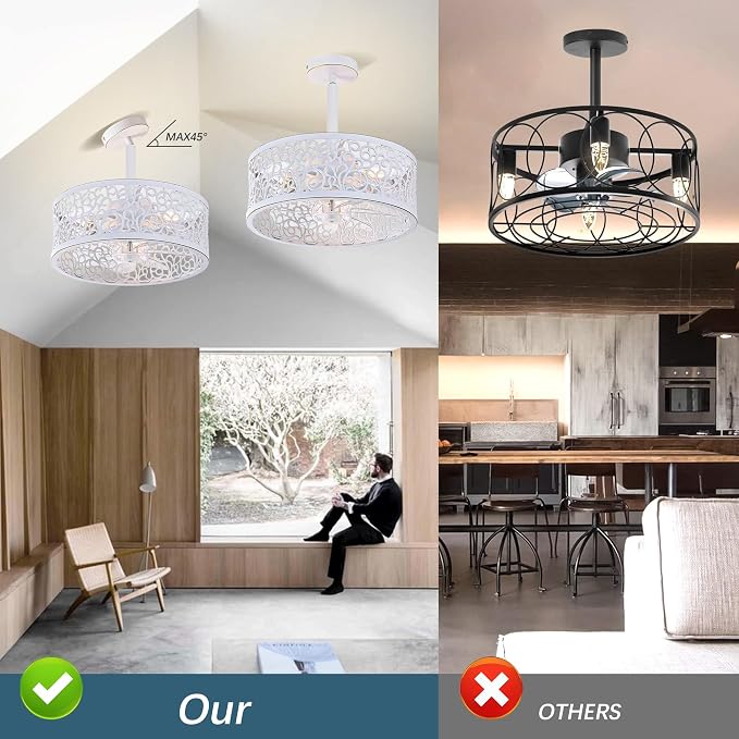 COCOSTAR Small Farmhouse Ceiling Fan with Light: 15" White Caged Fandelier | Smart Remote/APP,6 Speed,Timer,Semi Flush Mount Sloped Ceiling Light Fixture & Fan for Living Dining Kitchen Girls Bedroom