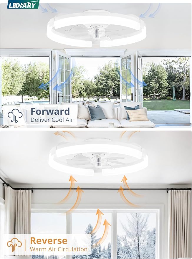 LEDIARY 20" Ceiling Fans with Lights and Remote, Modern Low Profile Ceiling Fan, 3 CCT, Stepless Dimmable, Fandelier Flush Mount Fan Light, 6 Speeds, DC Motor, App & Remote Control for Bedroom(White)