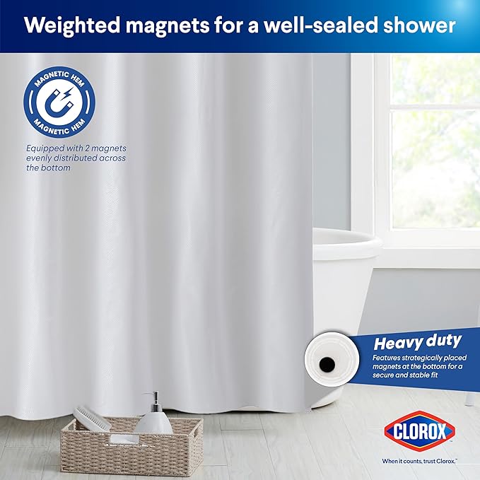 Clorox 2-in-1 Bathroom Shower Curtain Liner, Durable Fabric, Weighted Magnets for Bath Water Control, Washable Premium Quality, Extra Wide, Modern - 72" x 78" White