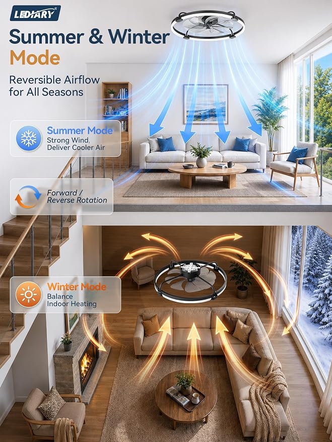 LEDIARY Ceiling Fans with Lights and Remote, Low Profile fan Light, Black | 24 Inch 3000K-6000K Stepless Dimmable Fandelier, Reversible DC Motor, Remote and APP Control, Bedroom Kitchen Living Room