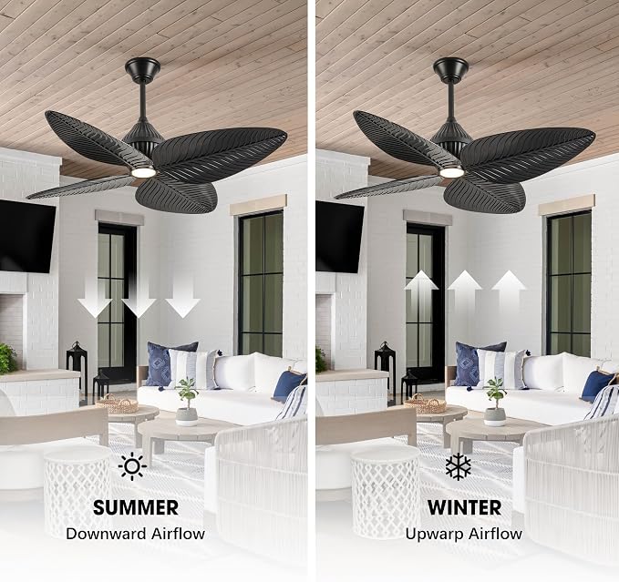 52" Tropical Ceiling Fans with Lights, Indoor Palm Leaf Ceiling Fan with Light and Remote for Living Room Bedroom, ABS Blades, Dimmable LED Lights, 6 Speeds, Adjustable Height-Black