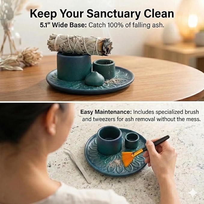 Palo Santo Sticks Holder, Multi-Purpose Handmade Ceramic Incense Burner for Palo Santo Incense Sticks, Sage Holder for Burning, Ash Catcher Tray for Meditation Yoga Room (Blue)