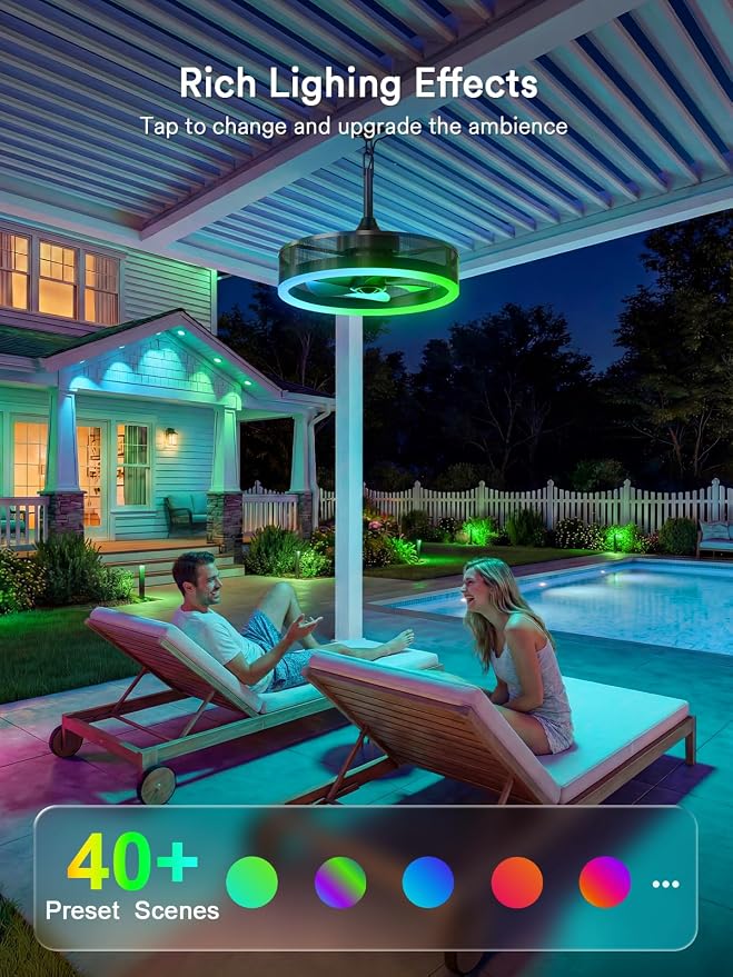 Lumary Smart Gazebo Ceiling Fans with Color Lights for Patios Outdoor, 20in | RGBAI+White Dimmable, Wi-Fi Bluetooth Connect, Work with Alexa/Google/APP, Waterproof Plug in Ceiling Fan with Hook/Remote
