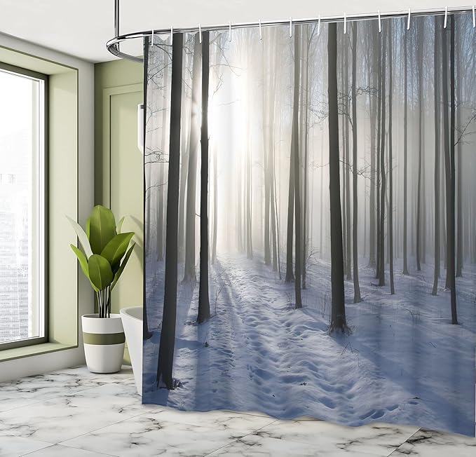 Ambesonne Forest Shower Curtain, Thin Snow Covered Path in Misty Winter Woodland Morning Sun Image Print, Cloth Fabric Bathroom Decor Set with Hooks, 69" W x 84" L, White and Dark Brown
