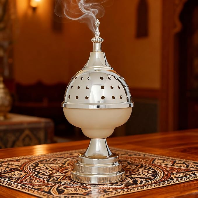 Incense Burner Frankincense Charcoal Incense Round Stand Metal Vintage Aroma Lamp Incense Holder Iron Home Scented Tabletop Christian Church Censer Decorative（White）
