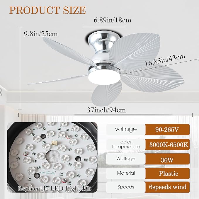 GJeg Tropical Ceiling Fans with Light, 38-inch Flush Mount Palm Leaf Ceiling Fans for Bedrooms, Indoors and Outdoors, Remote Control/APP Control, 6-Speed, Dimmable, Reversible,Chrome