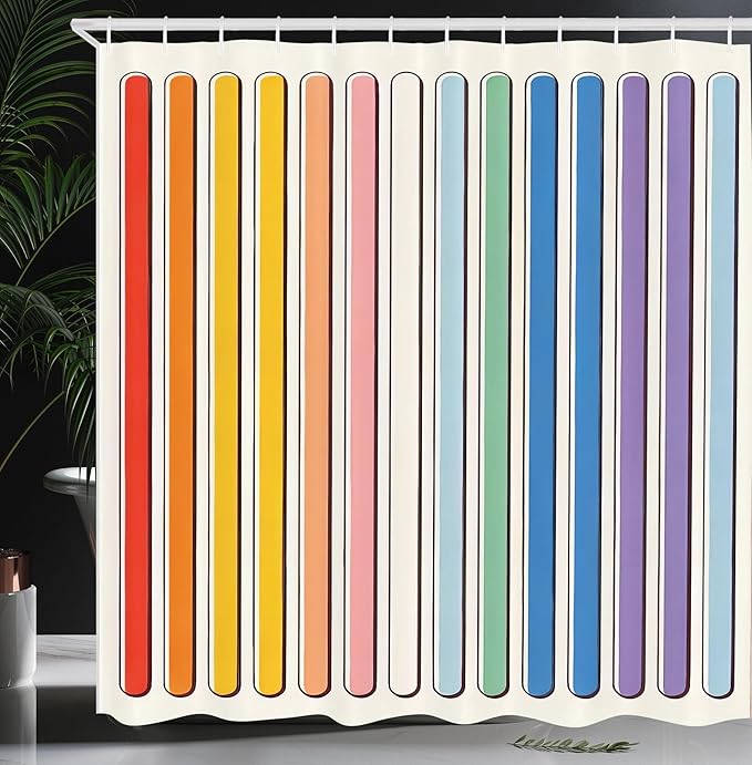 Ambesonne Colorful Shower Curtain, Modern Minimalist Design of Rainbow Stripes on Plain Backdrop Happy Aura, Cloth Fabric Bathroom Decor Set with Hooks, 69" W x 84" L, White and Multicolor