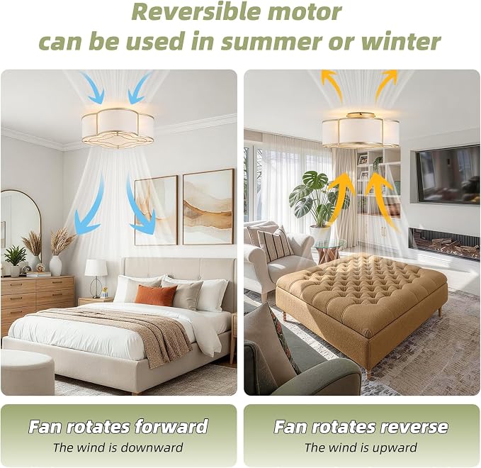 20" Boho Ceiling Fan with Light, Rattan Flush Mount Ceiling Fan with Light Remote Control, Caged Enclosed with 6 Speeds for Bedroom, Living Room, Foyer, Nursery (Gold)