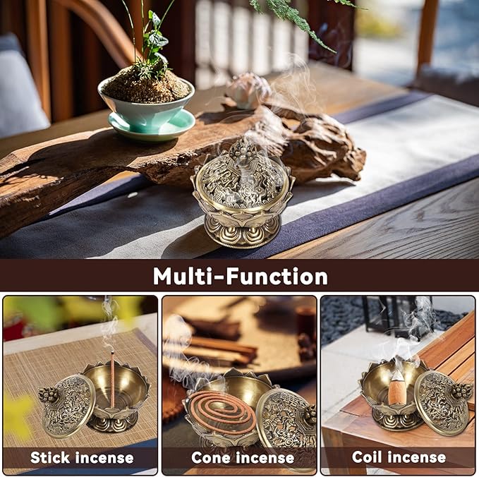 Vintage Backflow Incense Burner Bowl, Lotus Incense Holder Charcoal Censer Ash Catcher Stick Cone Reel Incense for Powder Cone or Coil Incense (Bronze)