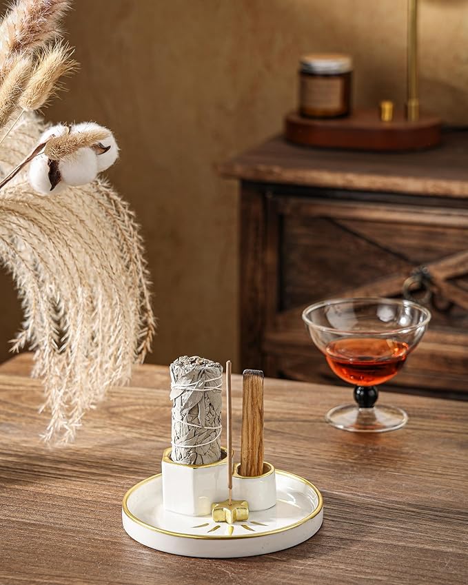 Ceramic Incense Holder, 4-in-1 Sage Palo Santo Burner with Ash Catcher Tray, Smudge Dish for Meditation Yoga, Modern Home Decor & Gift