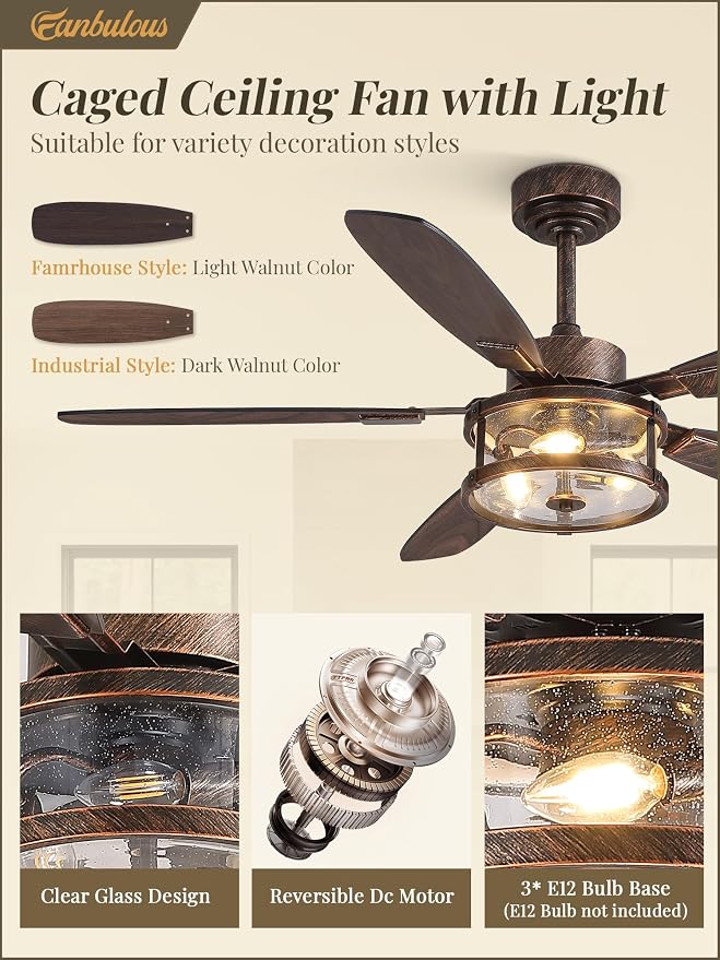 Fanbulous 52 inch Caged Ceiling Fans with Lights and Remote, Easy Install | Farmhouse Ceiling Fan with Energy Saving DC Motor, Timer Function, Vintage Ceiling Fans Noise under 35 dB for Bedroom