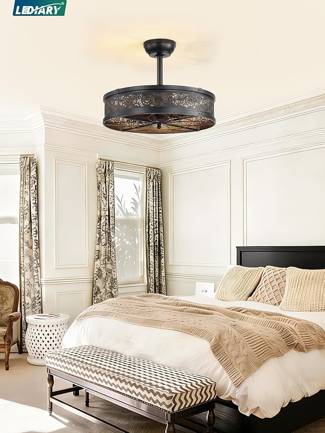 LEDIARY Farmhouse Chandelier Ceiling Fan with Light,20 Inch Black Caged Enclosed Bladeless Fan Lights Ceiling Fixtures,Vintage Victorian Rustic Fandelier for Indoor,Kitchen,Bedroom,Living Room