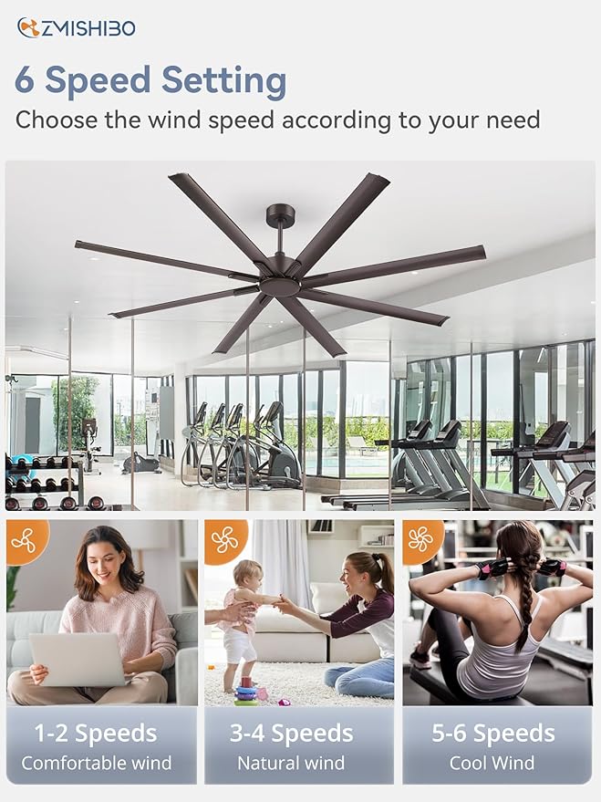 ZMISHIBO 84 Inch Industrial DC Motor Ceiling Fan, Large Ceiling Fan with 8 Reversible Blades, 3 Downrods, 6-Speed Remote Control, Home or Commercial Ceiling Fans for Porch/Garage/Shop, Oil-bronze