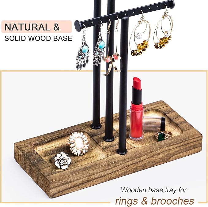 Love-KANKEI Jewelry Organizer 3-Tier,Adjustable Height,Carbonized Black | Metal Rod,Solid Wood Base,Easy to Install,Tree Style,Display Long Necklaces,Bracelets,Earrings,Rings,Watches,Bangles,Gift