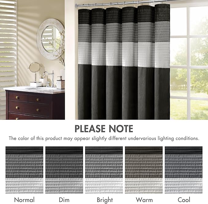 Madison Park Amherst Bathroom Shower Curtain Faux Silk Pieced Striped Modern Microfiber Bath Curtains, 72x72 Inches, Black