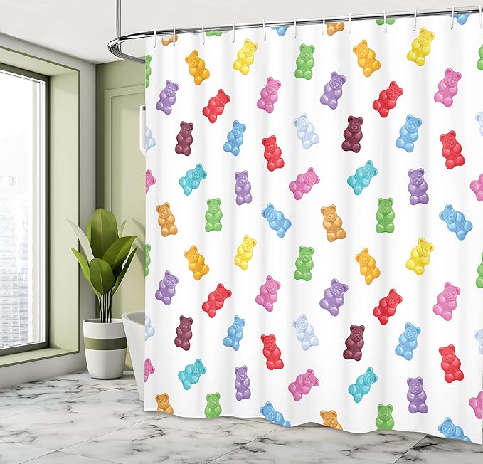 Ambesonne Sweets Shower Curtain, Colorful Gummy Bears Candy Yummy Jelly Playroom Theme, Cloth Fabric Bathroom Decor Set with Hooks, 69" W x 70" L, Pastel Yellow