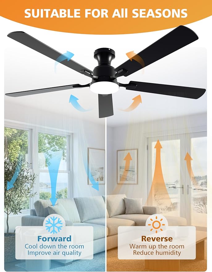 VOLISUN 60 Inch Ceiling Fan with Lights Flush Mount, Low Profile Ceiling Fans with Lights, Remote&APP Control,Dimmable 22W LED Light,Queit&Reversible Fan, Black Ceilings Fans for Bedroom, Living Room