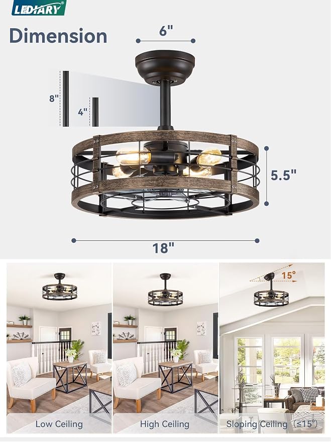 LEDIARY 18 Inch Caged Ceiling Fan with Light, Fandelier Farmhouse Ceiling Fan with Remote, Small Bladeless Fan Lights Ceiling Fixtures for Kitchen, Bedroom, Outdoor-Black and Gold
