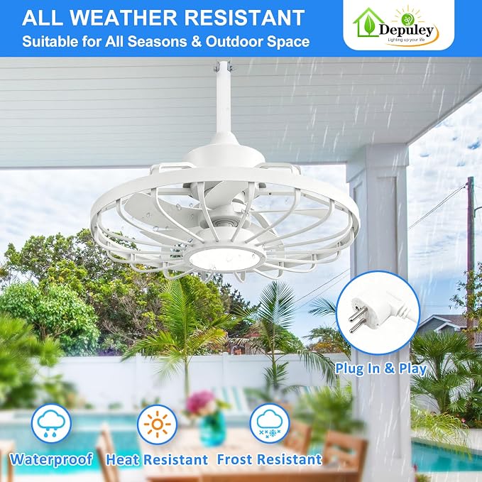 Depuley Gazebo Fans Outdoor Hanging: 20 Inch White Plug In Caged Outdoor Fan with Light and APP Remote Control - Waterproof Ceiling Fan for Patio Porch Pergola Reversible DC Motor