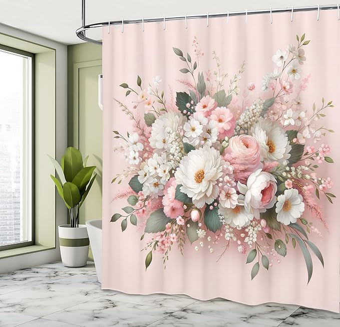 Ambesonne Floral Shower Curtain, Delicate Pink Bouquet of Spring Nature Blossoms Romantic Design Print, Cloth Fabric Bathroom Decor Set with Hooks, 69" W x 84" L, Rose Sage Green and White