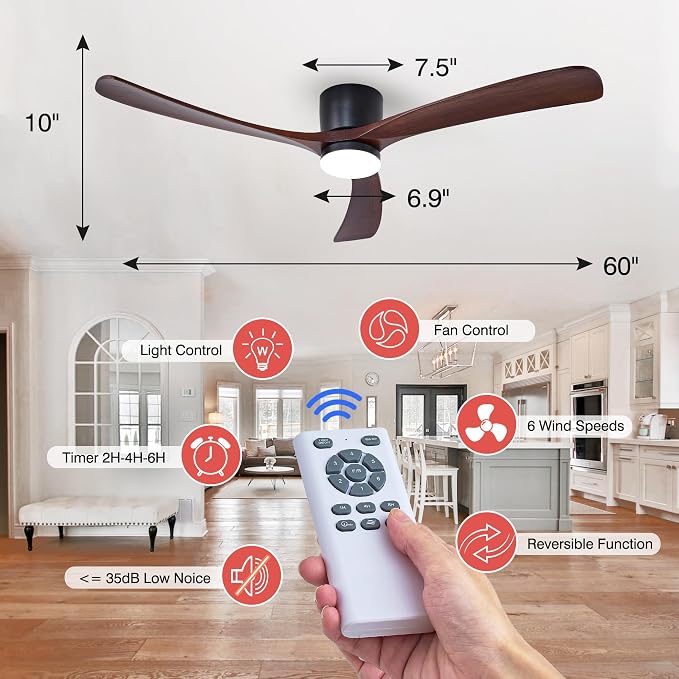 60" Wood Ceiling Fan with Lights Remote, Reversible DC Motor 6-Speed Ceiling Fan, 3 Blades Low Profile Flush Mount Ceiling Fans, Modern Ceilingfans for Low Profile, Walnut and Matte Black