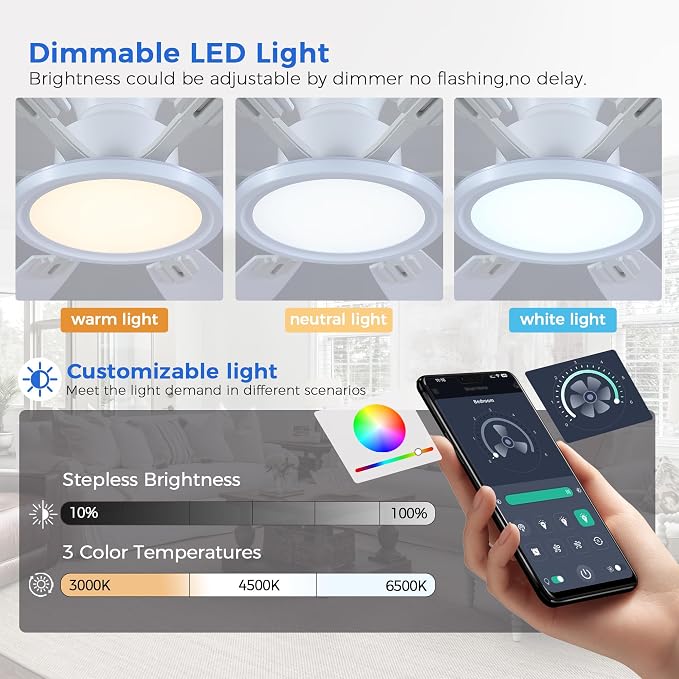 Ayaoty Ceiling Fans with Lights - 60in Flush Mount Ceiling Fan with RGB Dimmable, 3CCT 6 Wind Speeds and Reversible Quiet Motor, Low Profile RGB Fan Light for Modern Indoor, Party - White