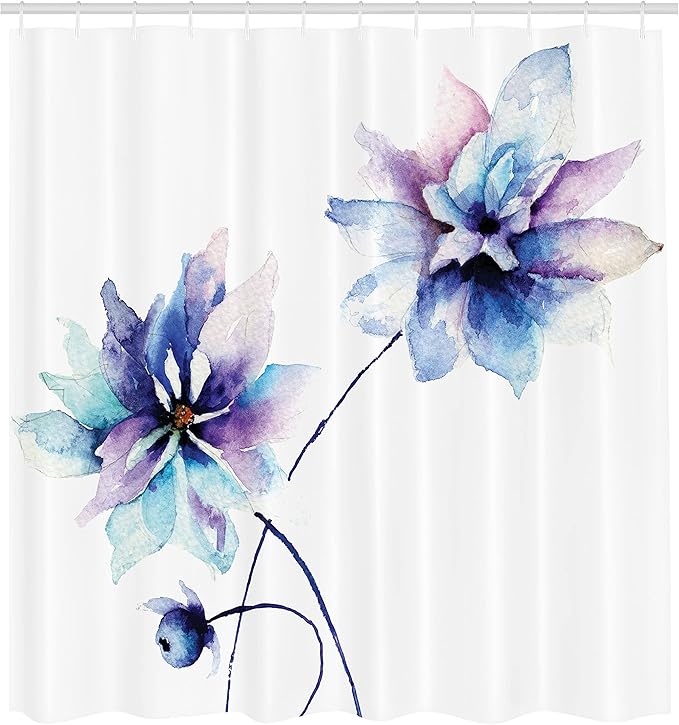 Ambesonne Watercolor Flower Decorative Shower Curtain Drawing Soft Spring Color Retro Style Floral Art Cloth Fabric Set with Hooks Essential Accessories for Master Bathroom 69" W x 84" L, White Purple