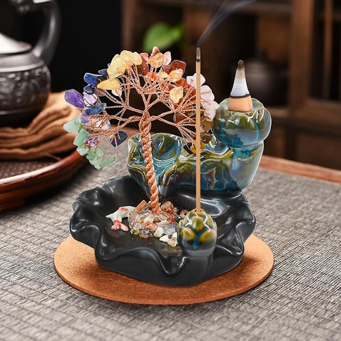 Backflow Incense Burner, Ceramic Incense Waterfall Burner with 7 Chakras Healing Crystals Tree Fountain Incense Holders for Yoga Meditation Home Decor