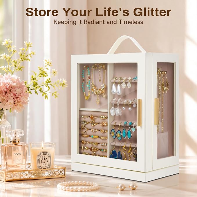 360° Rotating 5‑Drawers Jewelry Box with Top Handle & Glass Window, Spacious Vertical Jewelry Organizer, Jewelry Storage Case, Dustproof & Moisture‑resistant Design. (White)