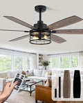 60 Inch Farmhouse Ceiling Fan with Light and Remote Black Rustic Ceiling Fan Quiet and Reversible DC Motor Chandelier Fan for Living Room Bedroom Patio