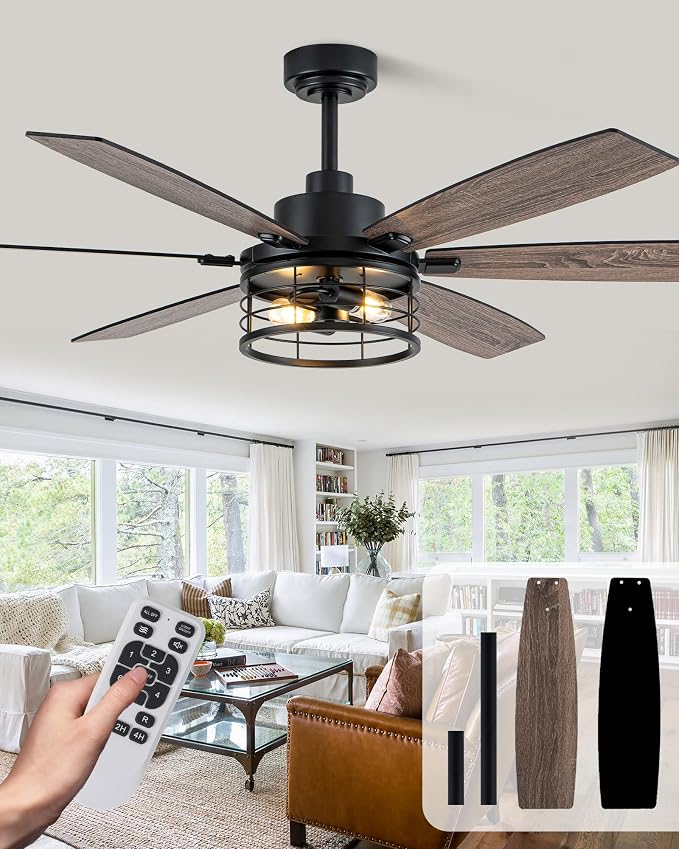60 Inch Farmhouse Ceiling Fan with Light and Remote Black Rustic Ceiling Fan Quiet and Reversible DC Motor Chandelier Fan for Living Room Bedroom Patio