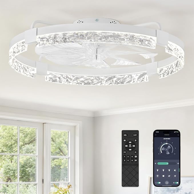 ZMISHIBO 24 Inch Flush Mount Ceiling Fan with Light, Bladeless Low Profile Enclosed Fan for Bedroom Kids Room, 6 Speeds Reversible DC Motor, 3CCT Dimmable Smart App Control