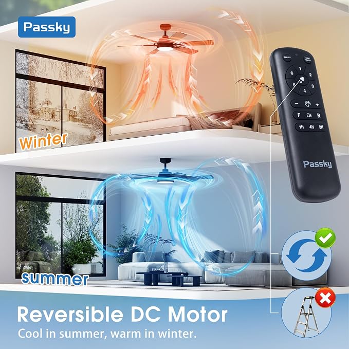 Passky Ceiling Fans with Lights, 52 inch Ceiling Fan with Light and Remote Control, Reversible, Dimmable, 3CCT, Quiet, Black Modern Ceiling Fan for Bedroom, Living Room