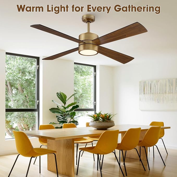 52 Inch Gold Ceiling Fan with Lights and Remote, Modern Ceiling Fan with APP Control, Reversible DC Motor, Dimmable, White & Walnut Blades for Bedroom, Living Room, Dining Room
