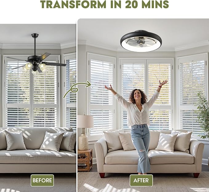 Ceiling Fans with Lights and Remote, 20'' Low Profile Flush Mount, 6 Wind Speeds, Modern Dimmable LED Ceiling Fan, Smart Ceiling Fan for Bedroom, Kids Room (Black)