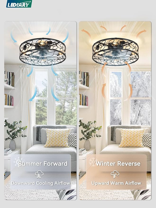 LEDIARY 23 Inch Caged Ceiling Fans with Lights, Black Flush Mount Ceiling Fan with Remote, Large Low Profile Bladeless Ceiling Fan Light Fixture for Bedroom, Kitchen, Dining Room